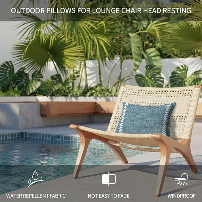 Modern Minimlist Outdoor Lumbar Pillows 12x20 Set of 2, Country Simple Vertical Leaf Pattern Blue Waterproof Throw Pillow Covers with Insert, Decorative Support Pillows for Lounge, Chaise