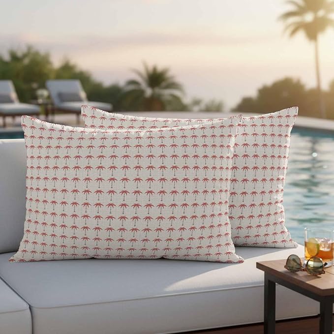 Palm Trees Outdoor Pillow Covers 20"x12" Set of 2, Summer Vintage Nautical Coastal Beach Ocean Red Tree Waterproof Throw Pillow Covers for Patio Furniture, Decorative Cushion Covers for Porch