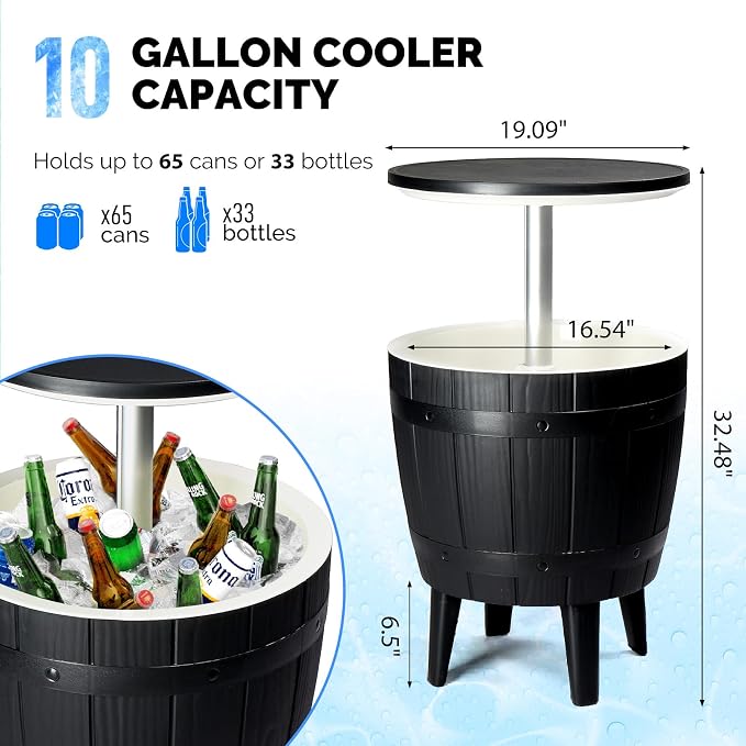 Outdoor Cooler Side Table,Height-Adjustable Cool Bar w/ 10 Gallon Beer and Wine Cooler, All-Weather Resistant Patio Ice Cool Bar for Deck Pool Party(Black)