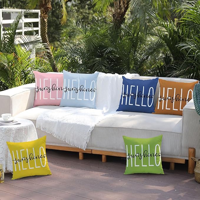 DFXSZ Sky Blue Outdoor Waterproof Pillow Covers 20x20 Set of 2 | Hello Sunshine Decor Spring Summer Polyester Pillow Covers(NO INSERTS)| Decor for Patio Funiture Garden Sofa Couch