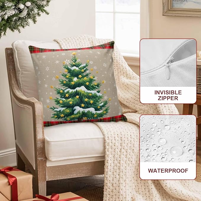 Outdoor Waterproof Throw Pillow Covers, Christmas Trees Winter Snowflake Green Red Tartan Plaid Vintage Burlap Pattern Pillowcases Cushion Covers Cases for Patio Couch Bench, Pack of 2, 18X18 Inch