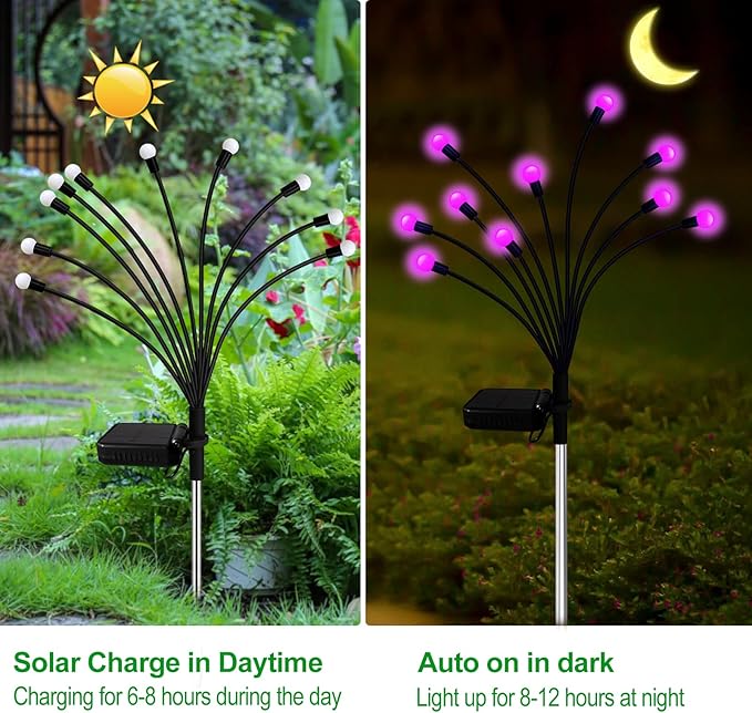 Kohlrabi Solar Garden Lights Outdoor, 4 Pack 32 LED Solar Pink Firefly Lights Waterproof, Starburst Wind Swaying Light for Outside Yard Patio Planter Flower Bed Walkway Christmas Decoration