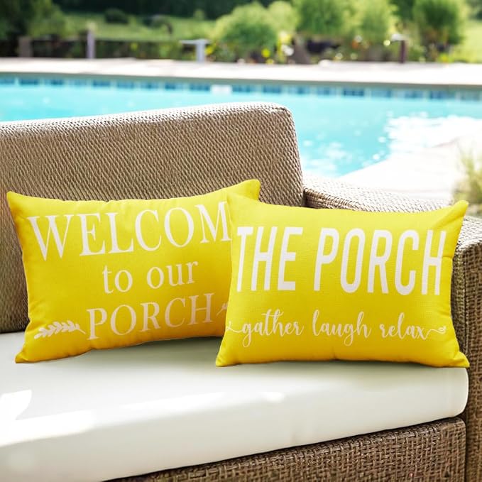Porch Decor Yellow Outdoor Lumbar Pillow Covers Waterproof 12x20 for Patio | Set of 2, Summer, Porch Decorations Outdoor, Porch Pillows, Outdoor Pillows Waterproof, Outdoor Pillows for Patio Furniture