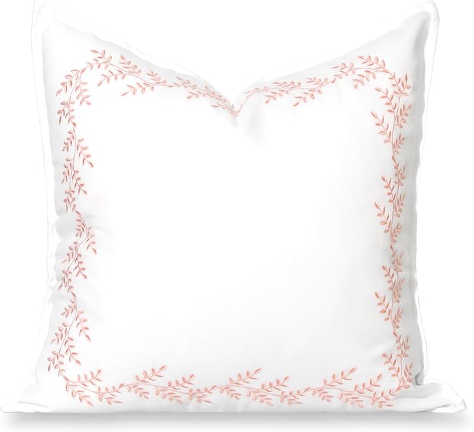 Hofdeco Premium Grandmillennial Patio Indoor Outdoor Throw Pillow Cover Only, 20"x20" Water Repellent for Backyard, Couch, Poolside, Blush Pink Embroidered Leaves Frame