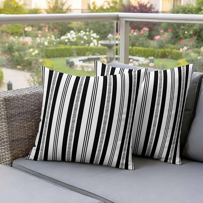 Black Striped Outdoor Waterproof Pillow Covers, Farmhouse Stripes Modern Geometric Decorative Square Throw Pillowcase Sofa Cushion Sham for Patio/Couch/Chair, 26"x26" 2 Pack