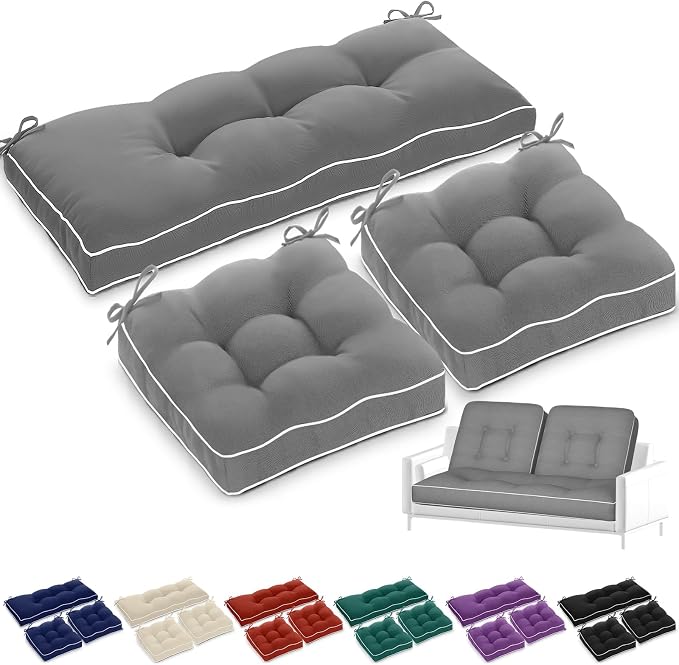 Wenqik 48 x 19 x 4 Inch Outdoor Bench Cushion Set of 3 Waterproof Tufted 1 Patio Loveseat Cushions and 2 Square Chair Seat Pad for Outdoor Furniture Couch Swing Sofa Wicker Settee(Gray)