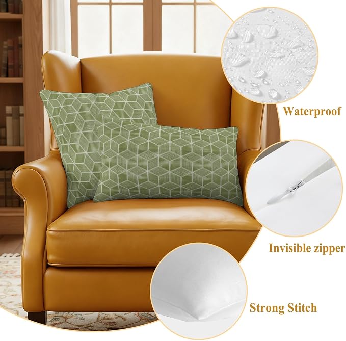 Green Honeycomb Tiling Waterproof Outdoor Pillow Covers Set of 2 Home Decor, Wooden Grain Blocks Lumbar Pillowcase Patio Pillow Covers for Couch Bench Patio Furniture Garden 20x12in