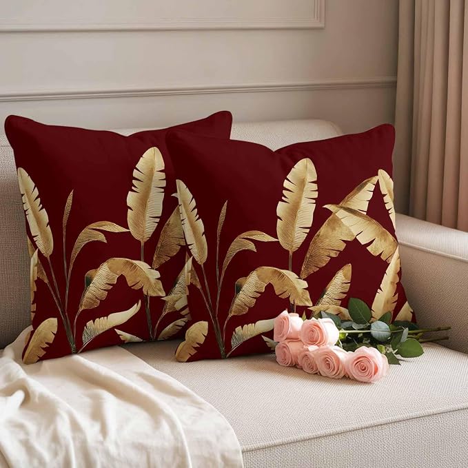 Waterproof Throw Pillow Covers 18x18 Set of 2, Golden Tropical Leaves on Burgundy Red Outdoor Pillowcases with Invisible Zipper, Abstract Foliage Leaf Decorative Cushion Covers for Patio Garden Sofa