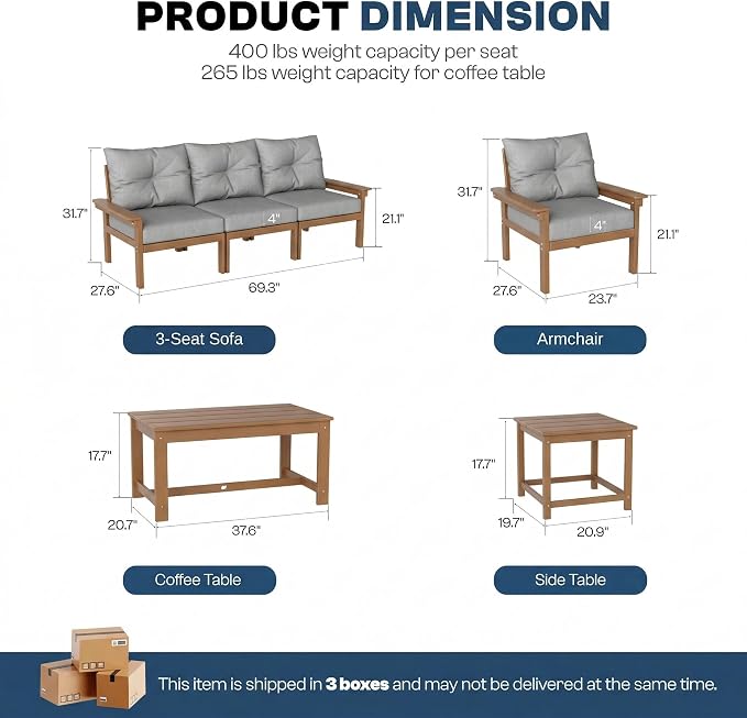 3 Piece HDPE Outdoor Patio Furniture Set, All-Weather 2 Armchairs with Side Table, Patio Conversation Set with Grey Washable Thick Cushion for Balcony/Porch/Backyard (Teak Frame)