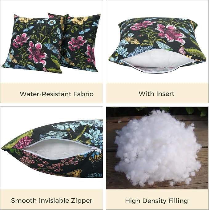 FUNHOME Outdoor Throw Pillows 18x18 inch,Decorative Throw Pillow with Insert Set of 2,Water Resistant Pillow for Patio Furniture Sofa Couch Chair(Butterfly Flower Black)