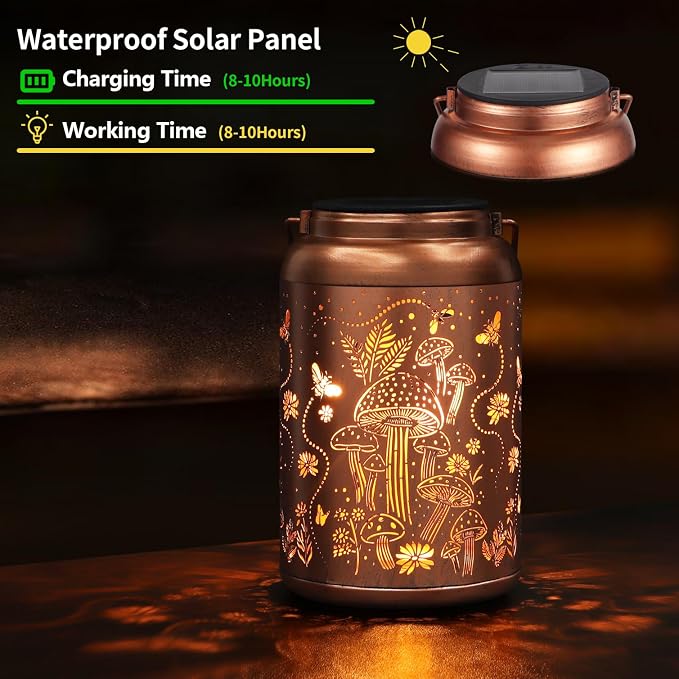 Solar Lanterns Outdoor Waterproof Mushroom Decoration Gifts for Women | Metal Hanging Solar Lights Birthday Gifts for Grandma Mom Solar Decoration Outside for Yard, Patio, Backyard, Porch
