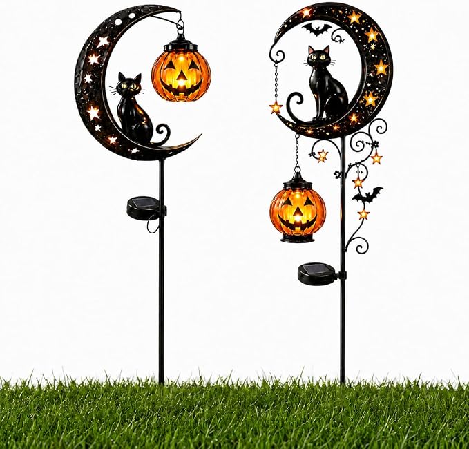 Solar Halloween Black Cat & Pumpkin Moon Garden Stake Light, Outdoor Waterproof LED Yard Decoration with Crescent Moon, Hanging Jack-o'-Lantern Lantern for Garden, Patio, Walkway, Porch (Style A B)