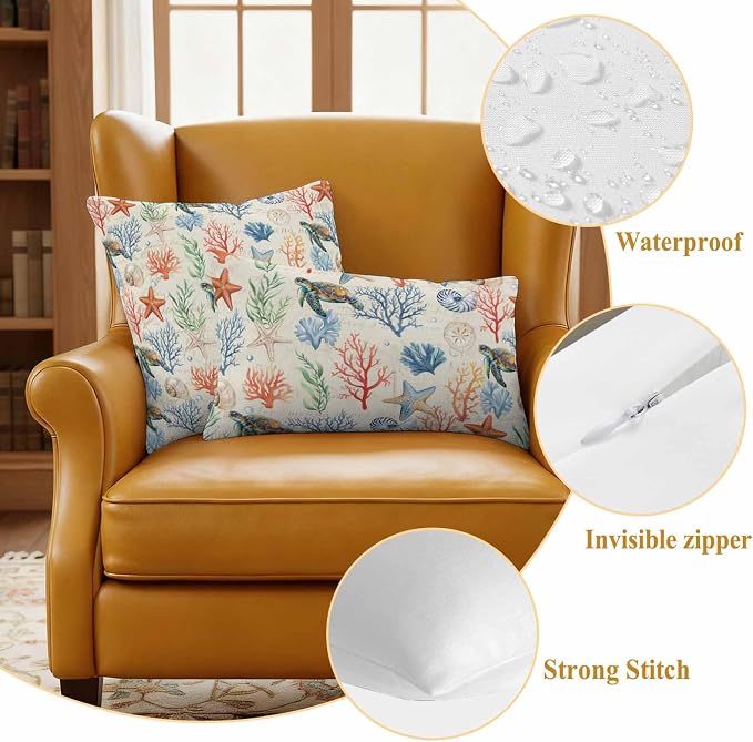Summer Ocean Outdoor Waterproof Pillow Covers Pack of 2, Vintage Nautical Sea Turtles Shells Corals Starfish Decorative Throw Pillowcases Cushion Covers for Garden Patio Tent Sofa Couch, 18x18 inch