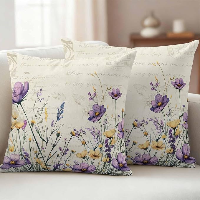 Spring Floral Outdoor Waterproof Throw Pillow Covers Set of 2, 18"x18", Purple Yellow Flower Leaves Retro Letter Texture Decorative Pillow Covers Outside Cushion Case for Patio Porch Garden