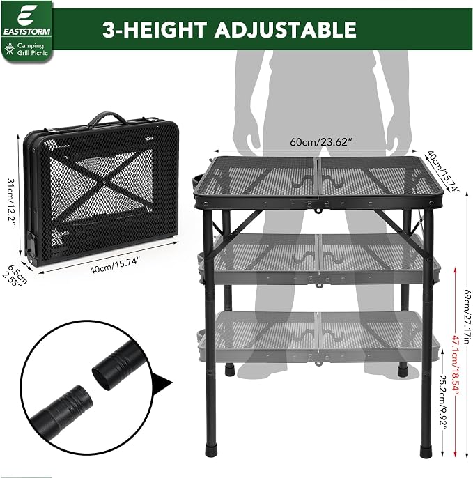 E EASTSTORM Folding Grill Table for Outside, 3 Height Adjustable,Small Camping Table with Black Metal Mesh, Portable Outdoor Table for Picnic BBQ, Garden, Patio, Tailgate & Travel