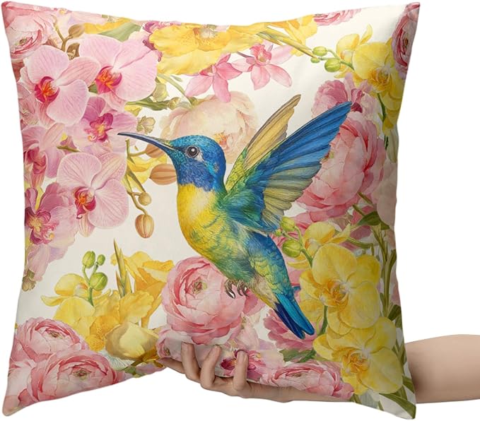 Spring Pillow Covers 18x18 Set of 2 Hummingbird Throw Pillow Covers Pink Yellow Moth Orchid Buttercup Floral Pillow Case for Home Decor Couch Sofa