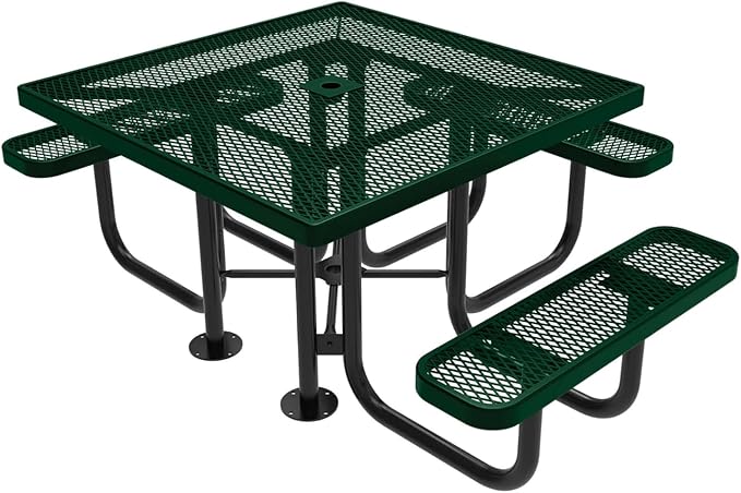 COATEDOUTDOORFURNITURE Heavy-Duty Portable ADA-Compliant Outdoor Picnic Table with Umbrella Hole, Expanded Metal Patio Dining Furniture Made in America (46" Square Top, Textured Green)