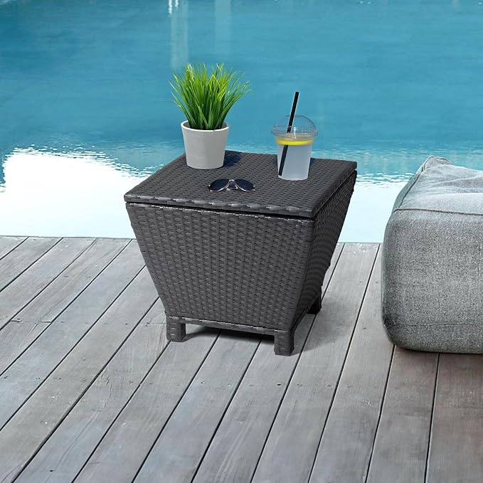 VINGLI Outdoor Side Table with Storage, 13-Gallon Patio Deck Box Outdoor Wicker Side Table for Poolside Balcony Storage Table (Black, Trapezoid)