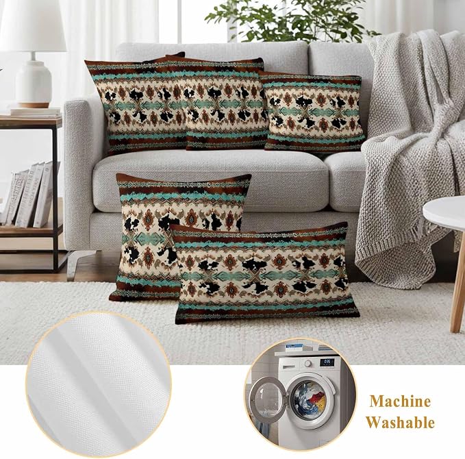 Boho Cowhide Outdoor Pillow Covers 20"x20" Set of 2, Western Aztec Tribal Green Brown Cow Texture Waterproof Throw Pillow Covers for Patio Furniture, Decorative Cushion Covers for Porch