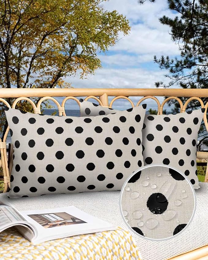 Outdoor Waterproof Throw Pillow Covers Set of 2 Black White Polka Dots Lumbar Pillowcases 20x12 Inches Cute Solid Color Linen Decorative Pillows Cushion Case Patio Pillows for Couch Bed Chair Garden