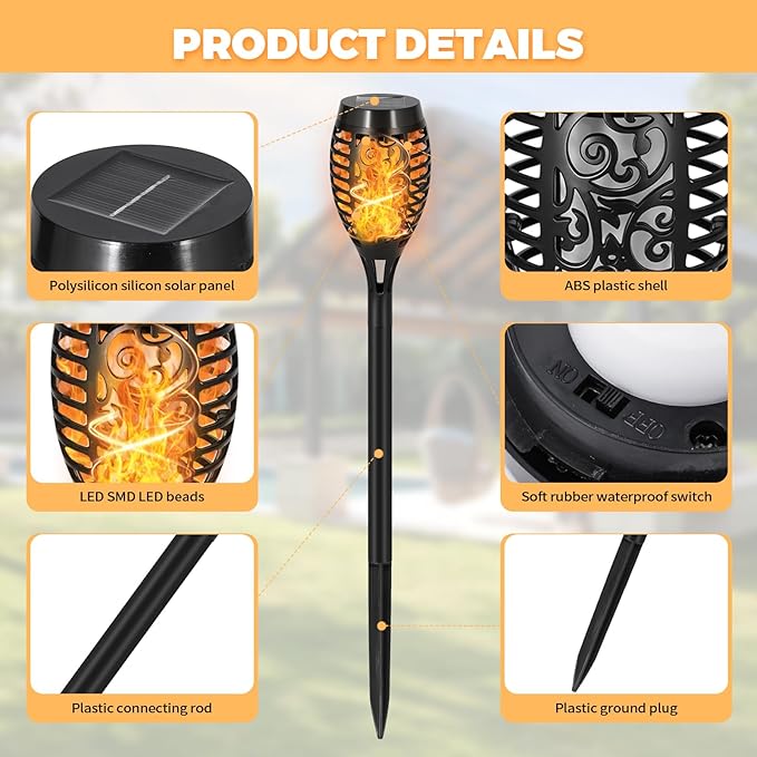 12 Pack Solar Lights Outdoor, Warm White Flickering Flame Torch | Warm White Flickering Flame, Long Nighttime Glow, Auto-On at Dusk, IP65 Weather-Resistant, Tool-Free Ground Setup