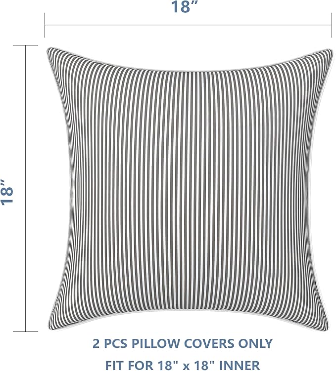 LVTXIII Outdoor/Indoor Pillow Covers, Patio Fade Resistant Throw Pillow Covers ONLY, Waterproof Farmhouse Accent Cushion Cases for Sofa Patio Couch Decoration 18"x18" Set of 2, Strip Grey