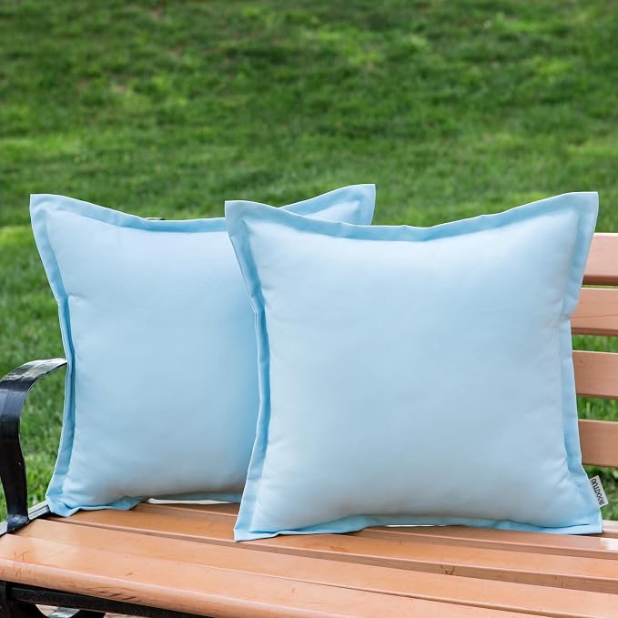 LIGICKY Light Blue Outdoor Waterproof Pillow Covers 20x20 Inch Pack of 2 Decorative Square Solid Color Pillows with Wide Edge Cushion Cover for Patio Tent Garden Couch Balcony