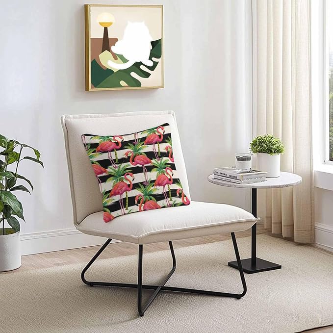 Vandarllin Outdoor Throw Pillows Covers 18x18 inch Set of 2 Waterproof Flamingo Decorative Zippered Cushion Covers for Patio Furniture, Tropical Palm Leaves Black Stripe Linen Lumbar Pillowcases