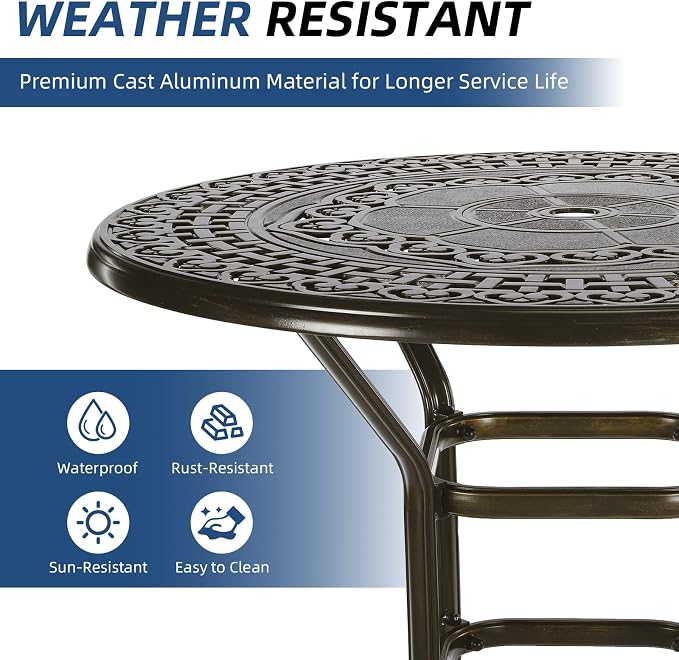 Outdoor Cast Aluminum Bar Table, 38.5" Patio Bar Height Table with 2" Umbrella Hole, All Weather High Top Bistro Round Dining Table for Outside Deck Porch Balcony Poolside, Dark Bronze