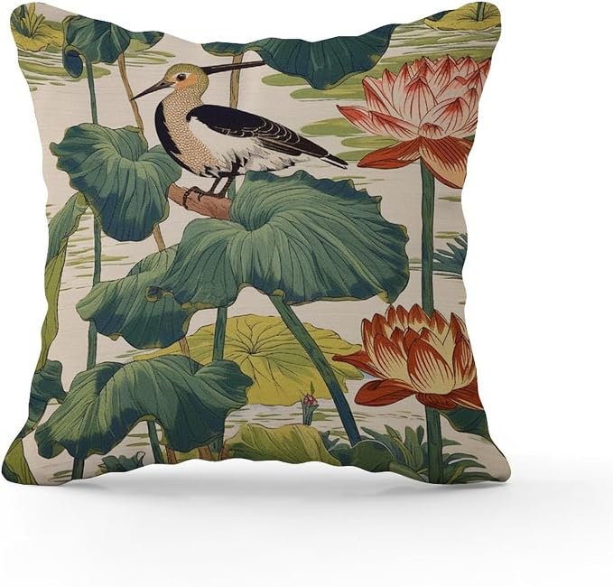 Nympheus Pistachio Outdoor Cushion Cases Lotus Pond Bird Throw Pillow Cover Accent Waterproof Throw Pillow Covers for Patio Furniture Tent Garden 22x22 in
