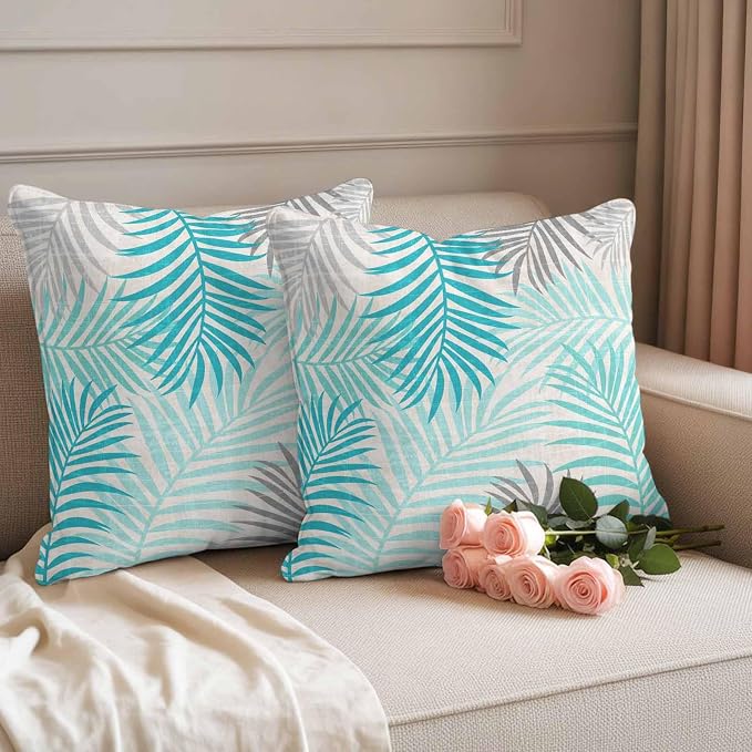 Outdoor Waterproof Throw Pillow Covers, Teal Grey Palm Leaves Decorative Pillow Cases, Summer Botanical Tropical Leaf Couch Pillow Protector Patio Sofa Cushion Covers Replacement 20"x20" 2 Pack