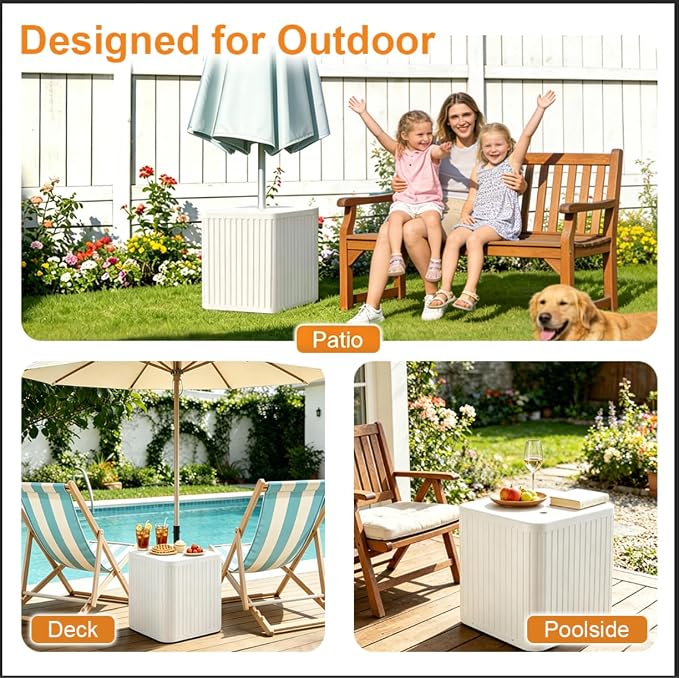 2-in-1 Umbrella Side Table – 16.54" Outdoor Patio Table with Fillable 15 Gal Water/Sand Base, Fits 1.5" Pole, UV Resistant for Pool, Deck, Garden (White)