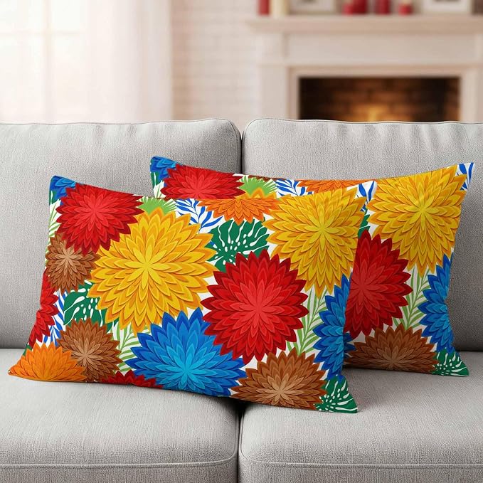 Red Yellow Blue Flowers Outdoor Pillow Covers Waterproof, All Weather Cushion Case Set of 2, Boho Colorful Floral Plant Lumbar Pillowcase for Sofa Couch Bed Decor Patio Furniture 20"x12"
