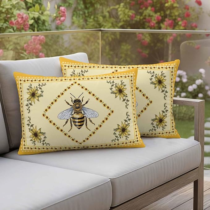 Sunflowers and Bee Outdoor Pillow Covers Set of 2, Farmhouse Retro Floral Decorative Waterproof Throw Pillow Case, Animal Honeybee Cushion Pillowcases for Couch Garden Patio 20x12In