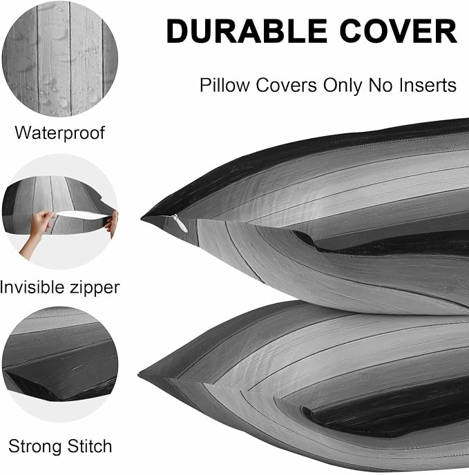 Throw Pillow Covers 18x18 Inch Set of 2, Black Gray Ombre Waterproof Outdoor Cushion Covers, Vintage Country Wooden Decorative Pillowcases for Couch, Sofa, Bed, Garden, Patio
