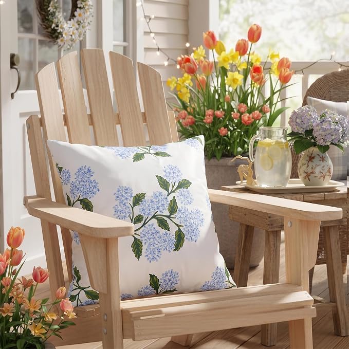 cygnus Waterproof Outdoor Pillow Covers 18x18 Inch Blue Green Hydrangea Floral Spring Summer Outdoor Pillows for Patio Furniture Garden Bench Home Decor