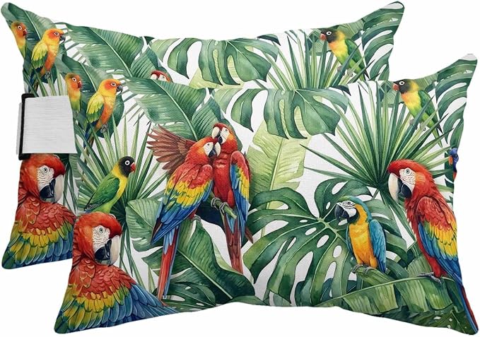 Outdoor Lumbar Pillow Set of 2, Tropical Plants Waterproof Beach Headrest Pillow with Inserts, Summer Rustic Monstera Palm Leaves Birds Green Recliner Throw Pillows for Patio Furniture, 11 x 16
