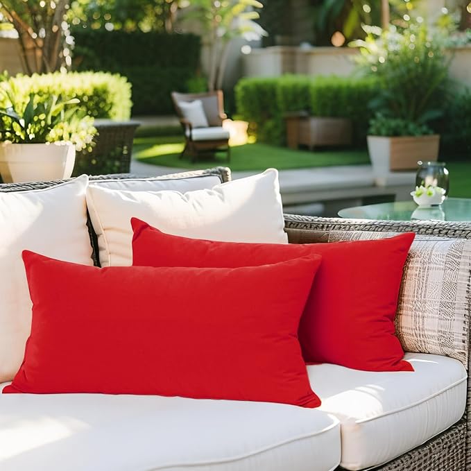 SK Studio Outdoor Water Resistant Throw Pillows, Decorative Patio Lumbar Cushions, Fluffy Furniture Garden Cushions for Home Patio Coach Sofa Use, Pack of 2, Red, 20x20 Inch