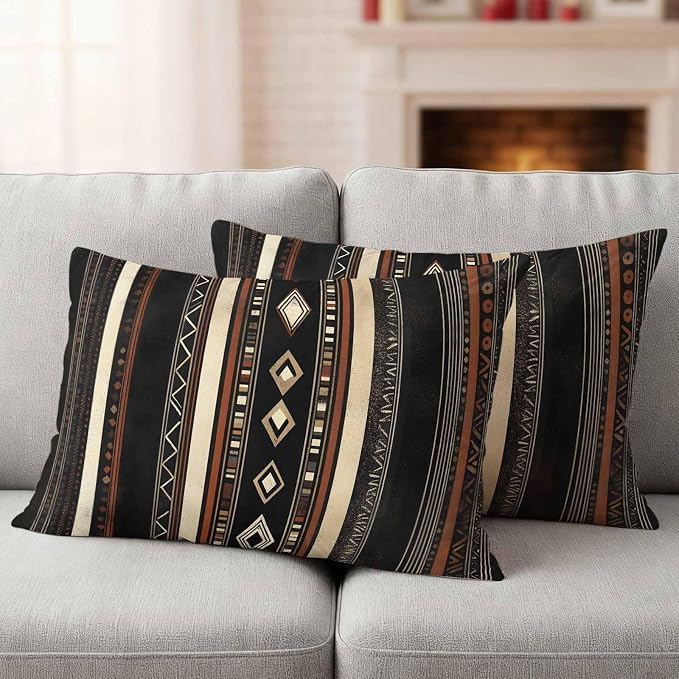 Black Beige Boho Outdoor Pillow Covers 20x12 Inch Lumbar Pillow Covers Set of 2 Waterproof Decorative Throw Pillow Cases Vintage Abstract Geometric Ethnic Cushion Covers for Patio Furniture Garden