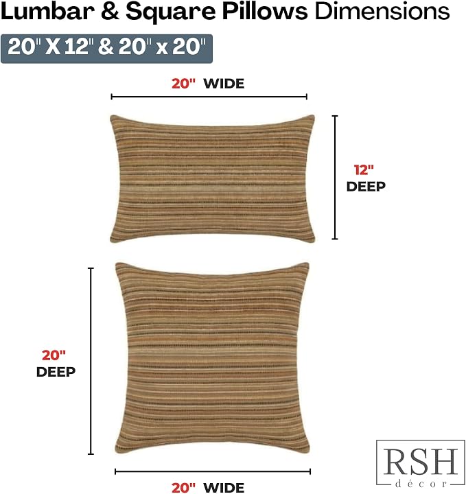 RSH DECOR: Outdura Lumbar & Square Pillows Set of 4 | 20" x 12" & 20" x 20" | Water and Fade-Resistant Performance Fabric | Outdoor Throw Pillows for Patio Furniture | Made in USA (Moran Sonoma)