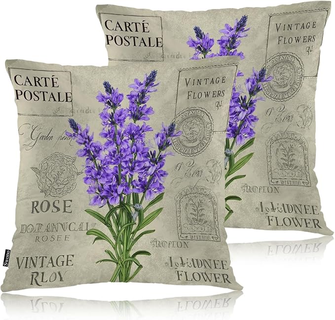 Swono Lavender Throws Pillows Covers for Couch, Violet Lavender Flowers Stamp Decorative Pillow Cases for Men Women, Purple Comfortable Pillow Cushion Cover Pack of 2 18"X18" for Home Sofa Bed
