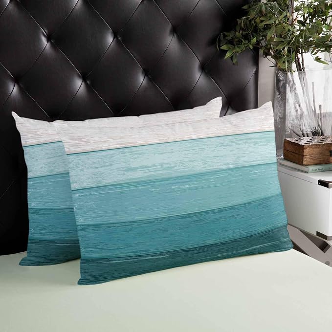Outdoor Waterproof Throw Pillows Farmhouse Turquoise Wood Grain Patio Pillows Pack of 2,Decorative Pillow Covers with Insert,Pillow Cushion Case for Garden Couch Sofa Farm Rustic Gradient Stripes