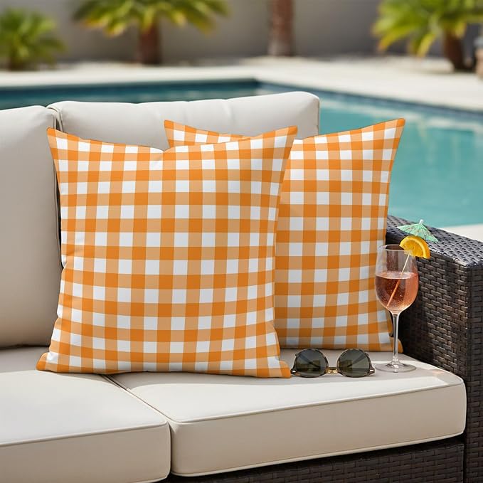 Orange Checks Outdoor Pillow Covers 24"x24" Set of 2, White Gingham Plaid Abstract Modern Summer Waterproof Throw Pillow Covers for Patio Furniture, Decorative Cushion Covers for Porch