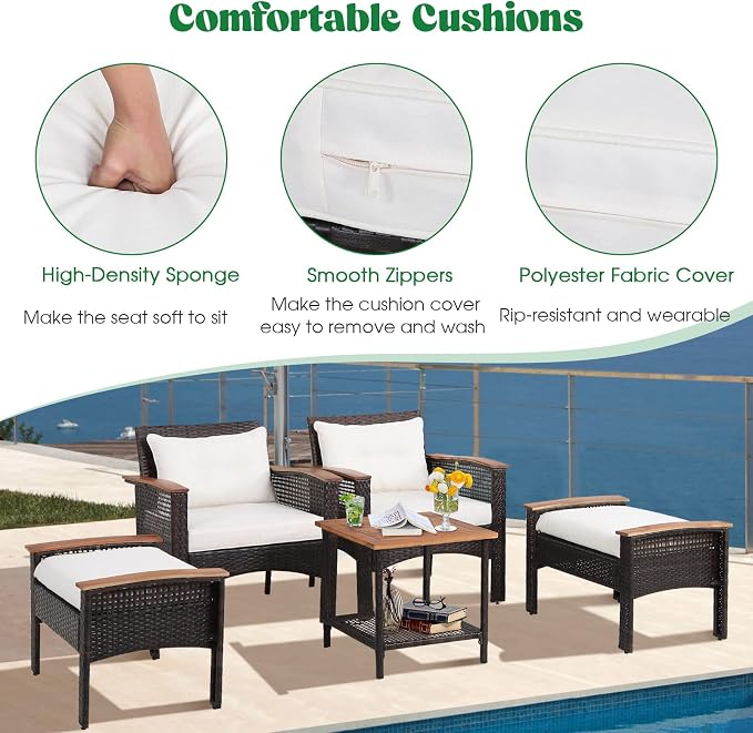 HAPPYGRILL 5 Piece Patio Rattan Sofa Set Outdoor Wicker Conversation Set with 2 Chairs, 2 Ottomans & Coffee Table, All-Weather Wicker Sofa Set for Poolside Backyard