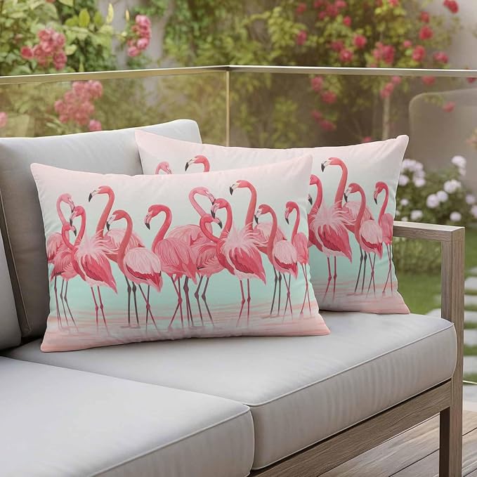 Outdoor Pillow Covers,Flamingo Bird on Gradient Background Decorative Throw Pillow Cover Waterproof Pillowcase Set of 2,Linen Cushion Case for Sofa Couch Bed 20x12 Inch,Tropical Pink Animals