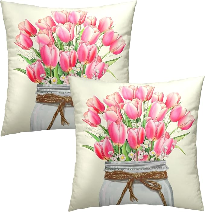 Pink Tulip Throw Pillow Covers 18x18 Set of 2, Spring Watercolor Flowers Mason Jar Square Pillowcases Cotton Cushion Cover Decoration for Couch Sofa Living Room Bedroom Home