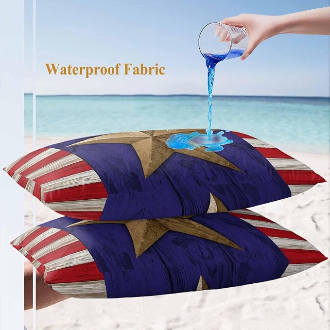 4th of July Outdoor Throw Pillows Covers 20x12 inch Set of 2 Waterproof Patriotic Stars Stripes Decorative Zippered Cushion Covers for Patio Furniture, Red White Blue Wood Grain Lumbar Pillowcases