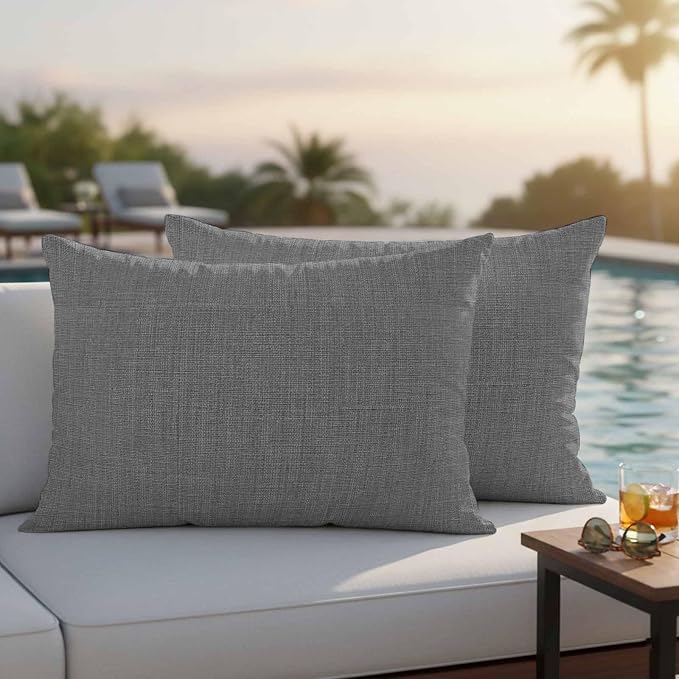 Outdoor Waterproof Throw Pillow Covers Set of 2 Grey Linen Lumbar Pillowcases 20x12 Inches Farmhouse Pure Color Decorative Pillows Cushion Case Patio Pillows for Couch Bed Chair Garden