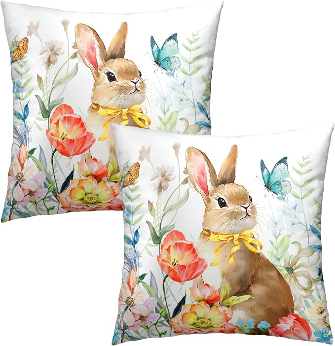 Easter Pillow Covers 20x20 Spring Easter Bunny Painting Decorative Throw Pillowcase Rabbit Floral Summer Square Couch Cushion Cover for Living Room Sofa Accent Home Decor, Set of 3