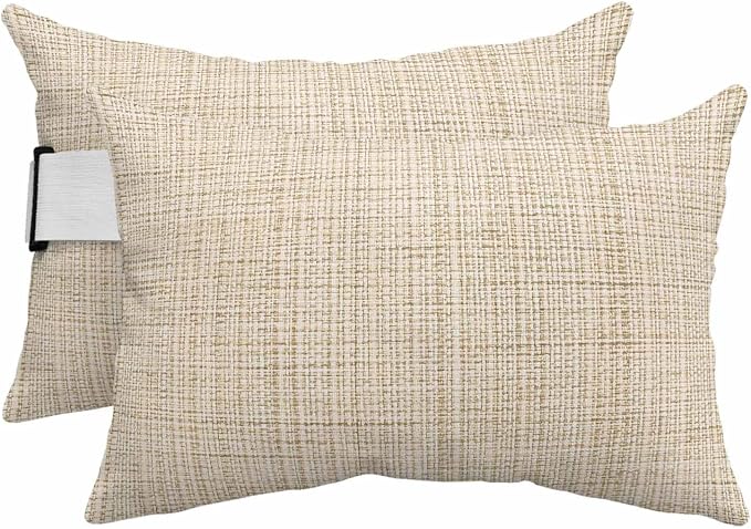 Outdoor Lumbar Pillow Set of 2, Beige Rustic Waterproof Beach Headrest Pillow with Inserts, Vintage Farmhouse Beige Solid Color Recliner Throw Pillows for Patio Furniture, 12 x 20